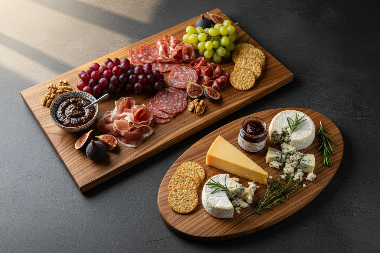 Two wooden platters with assorted meats, cheeses, fruits, and crackers on a dark surface.