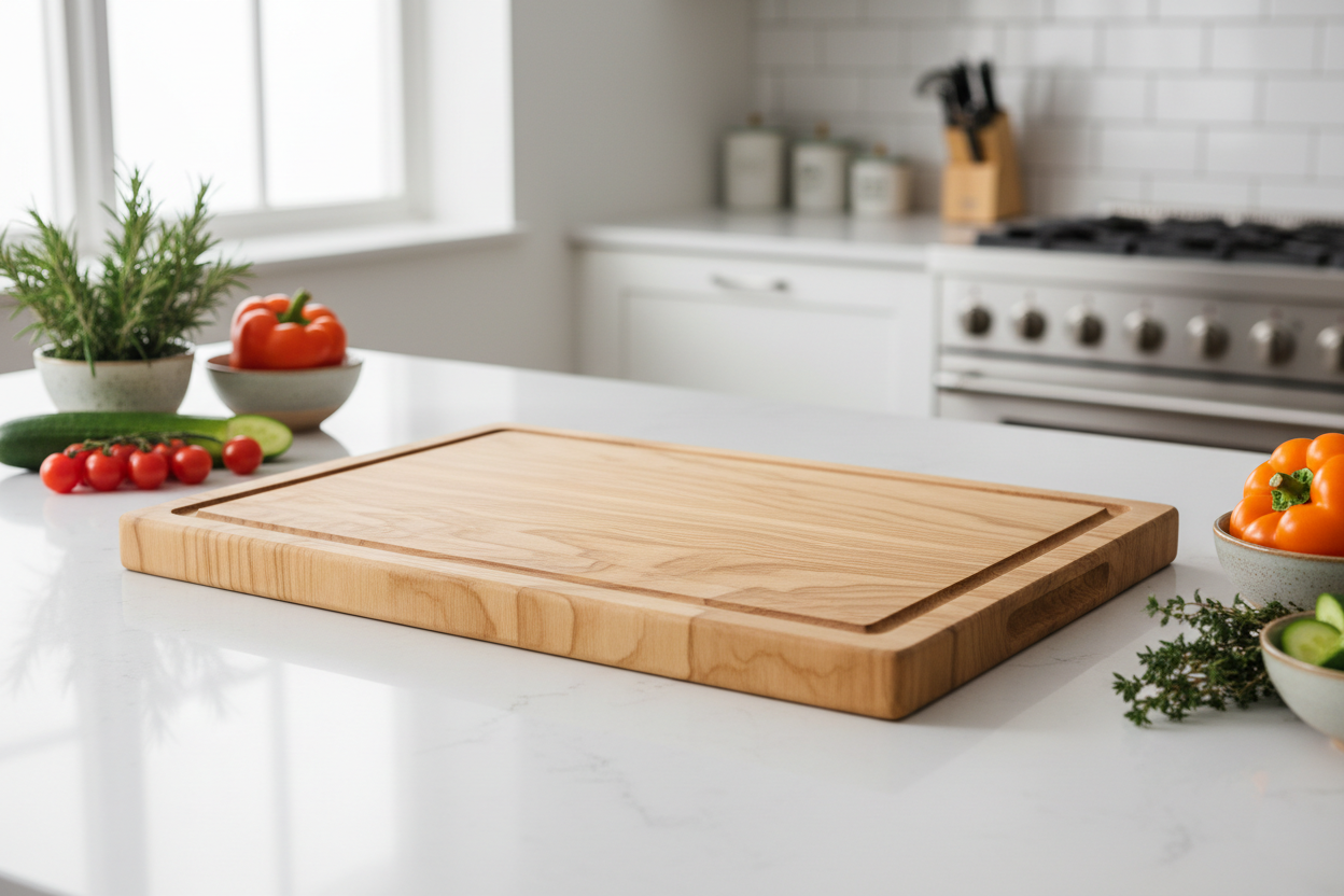 Wooden chopping board being cleaned in kitchen