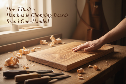 One-handed woodworker making handmade ash chopping boards in a UK workshop