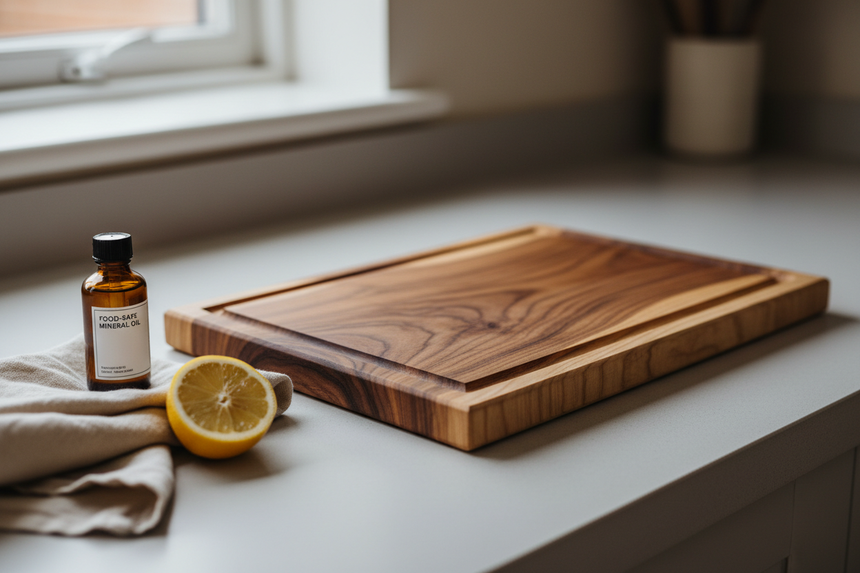 Cleaning a wooden chopping board with warm water and soap