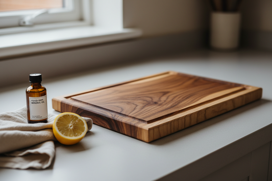 Cleaning a wooden chopping board with warm water and soap