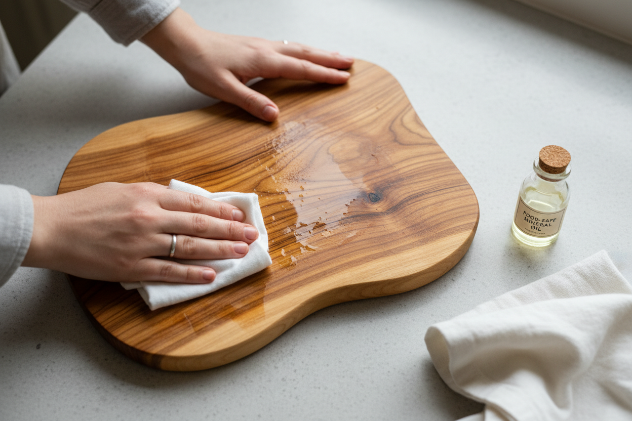Applying oil to a wooden chopping board with cloth