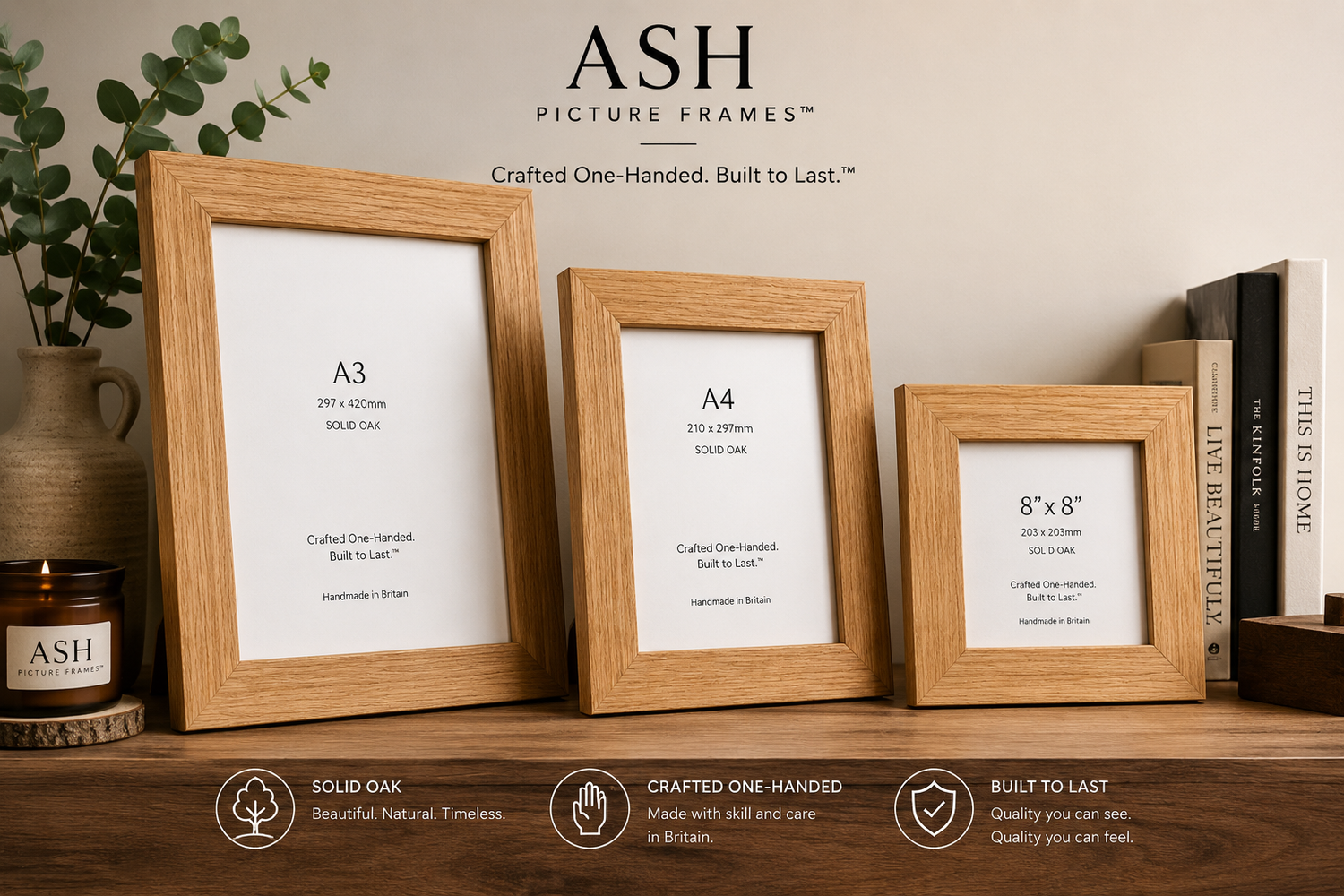 Handmade solid oak picture frames by ASH Picture Frames in A3, A4 and square sizes