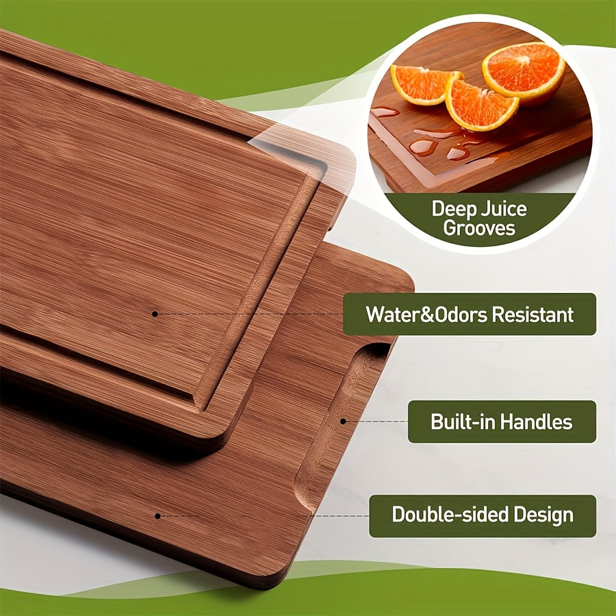 Wooden cutting boards with features highlighted on a green and white background