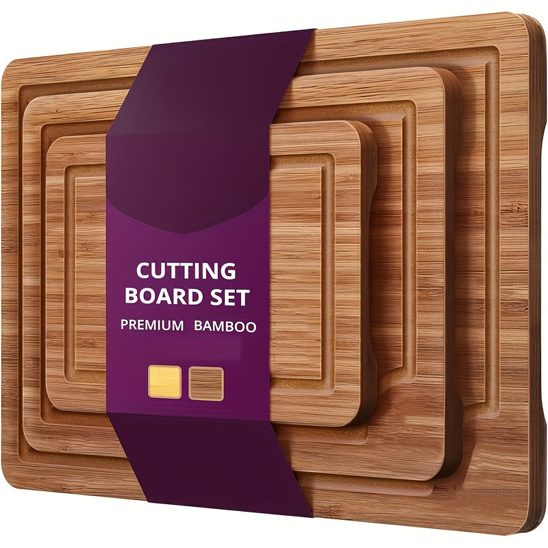 Set of bamboo cutting boards with a purple label on a white background