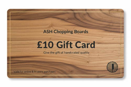 Wooden gift card for ASH Chopping Boards with a £10 value on a white background