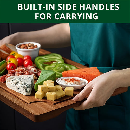 Person holding a wooden cutting board with food items and text about built-in side handles.
