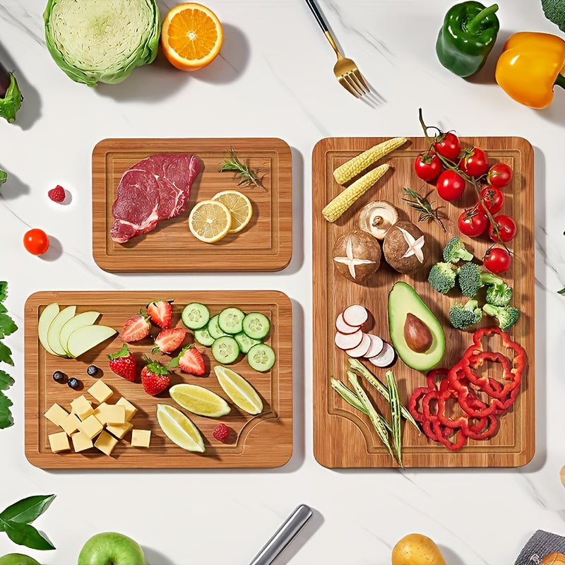 Four wooden cutting boards with various food items on a white surface
