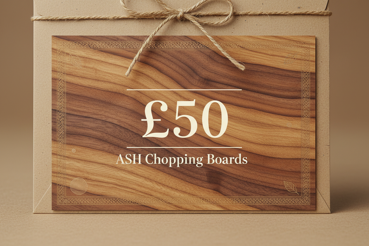 Wooden chopping board with '£50 ASH Chopping Boards' text on a matching box.
