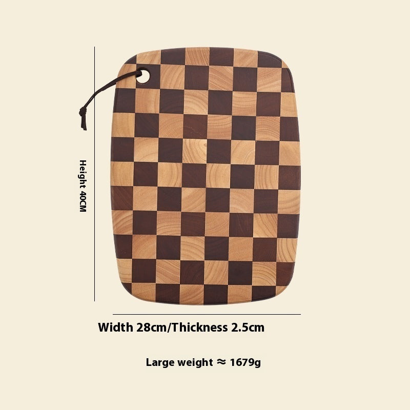 Wooden cutting board with checkered pattern and measurements on a beige background