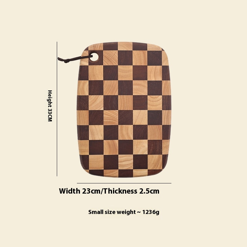 Checkered wooden cutting board with dimensions and weight information on a beige background