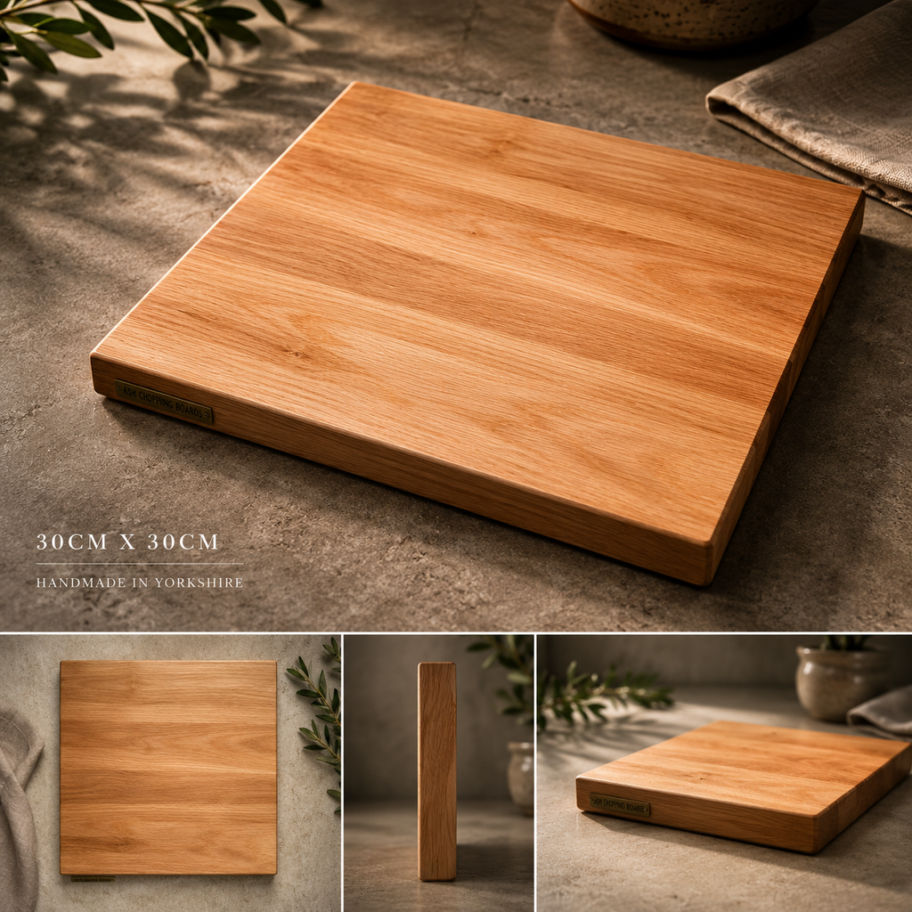 Wooden cutting board on a stone surface with additional views and product details.