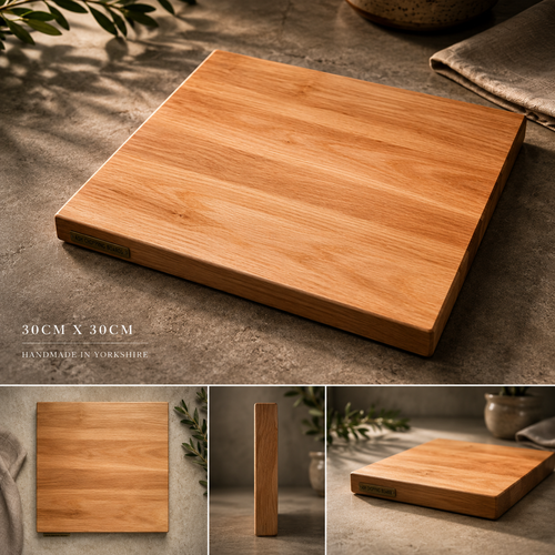 Wooden cutting board on a stone surface with additional views and product details.