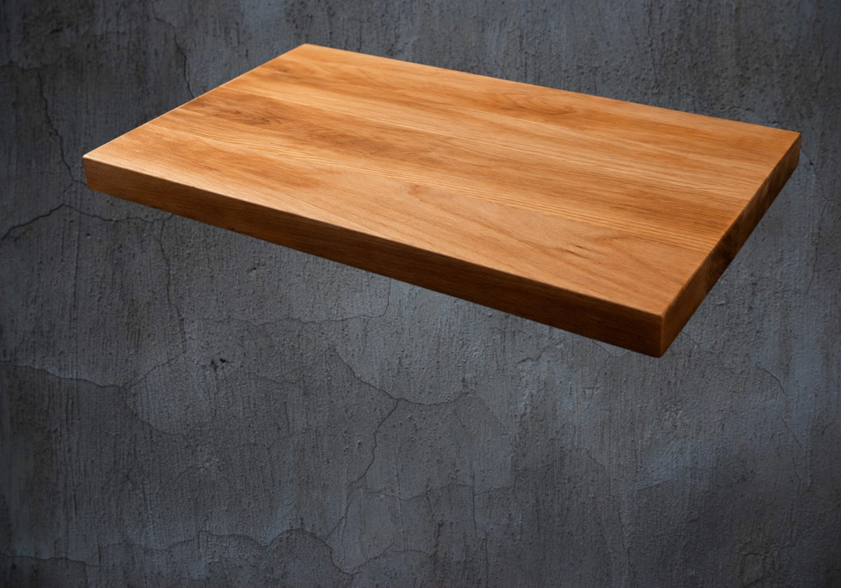 Wooden cutting board on a rustic surface with additional views and dimensions displayed.