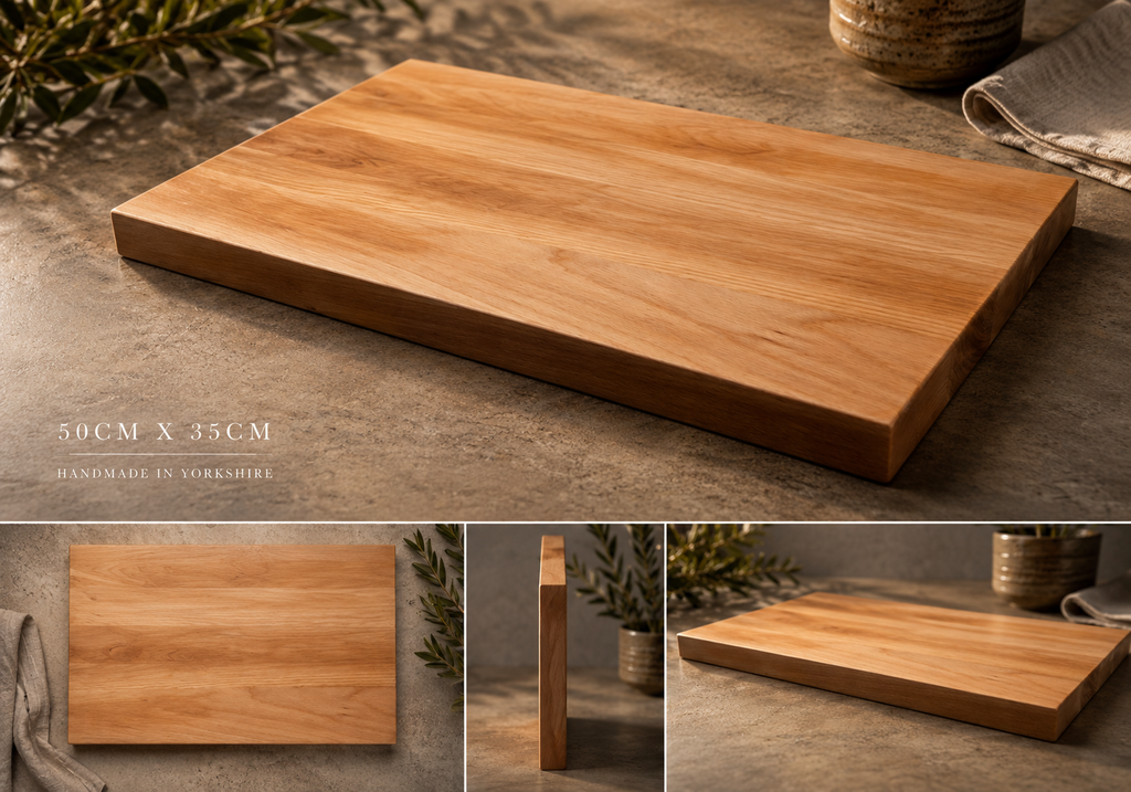 Wooden cutting board on a rustic surface with additional views and dimensions displayed.