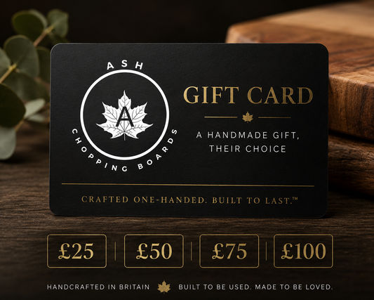 ASH Chopping Boards handmade gift card for handcrafted wooden chopping boards in the UK
