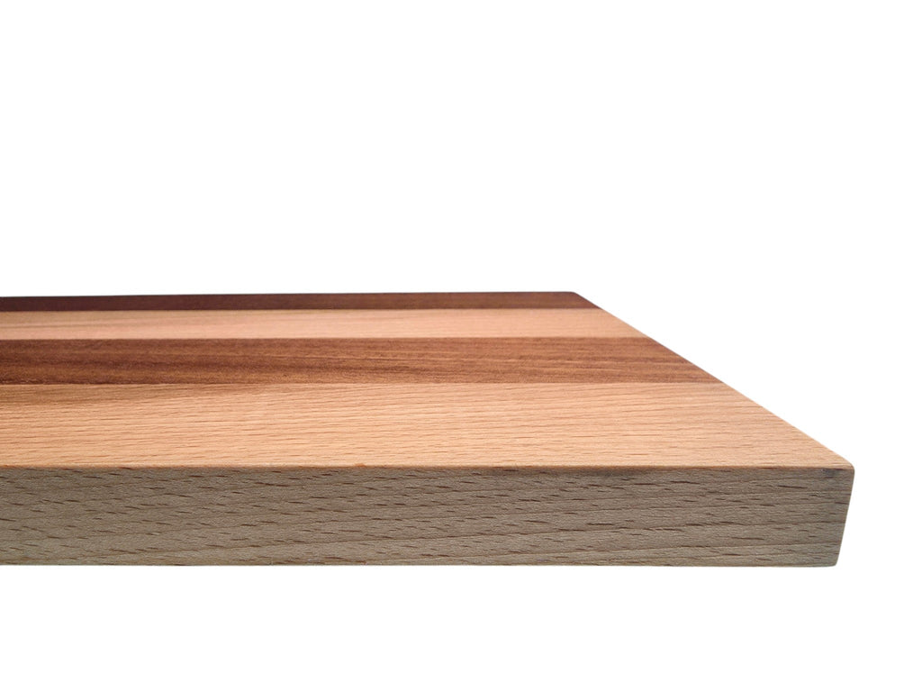 Cherry and walnut wooden cheese board displayed in kitchen