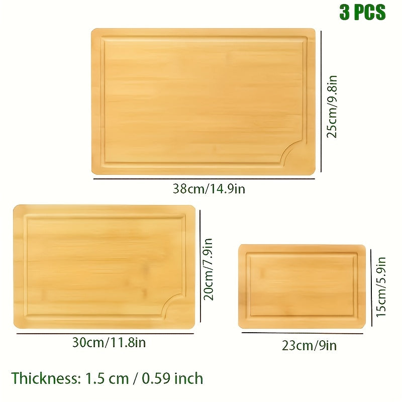 Three wooden cutting boards of different sizes with measurements on a white background.