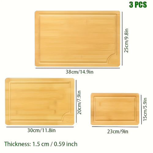 Three wooden cutting boards of different sizes with measurements on a white background.