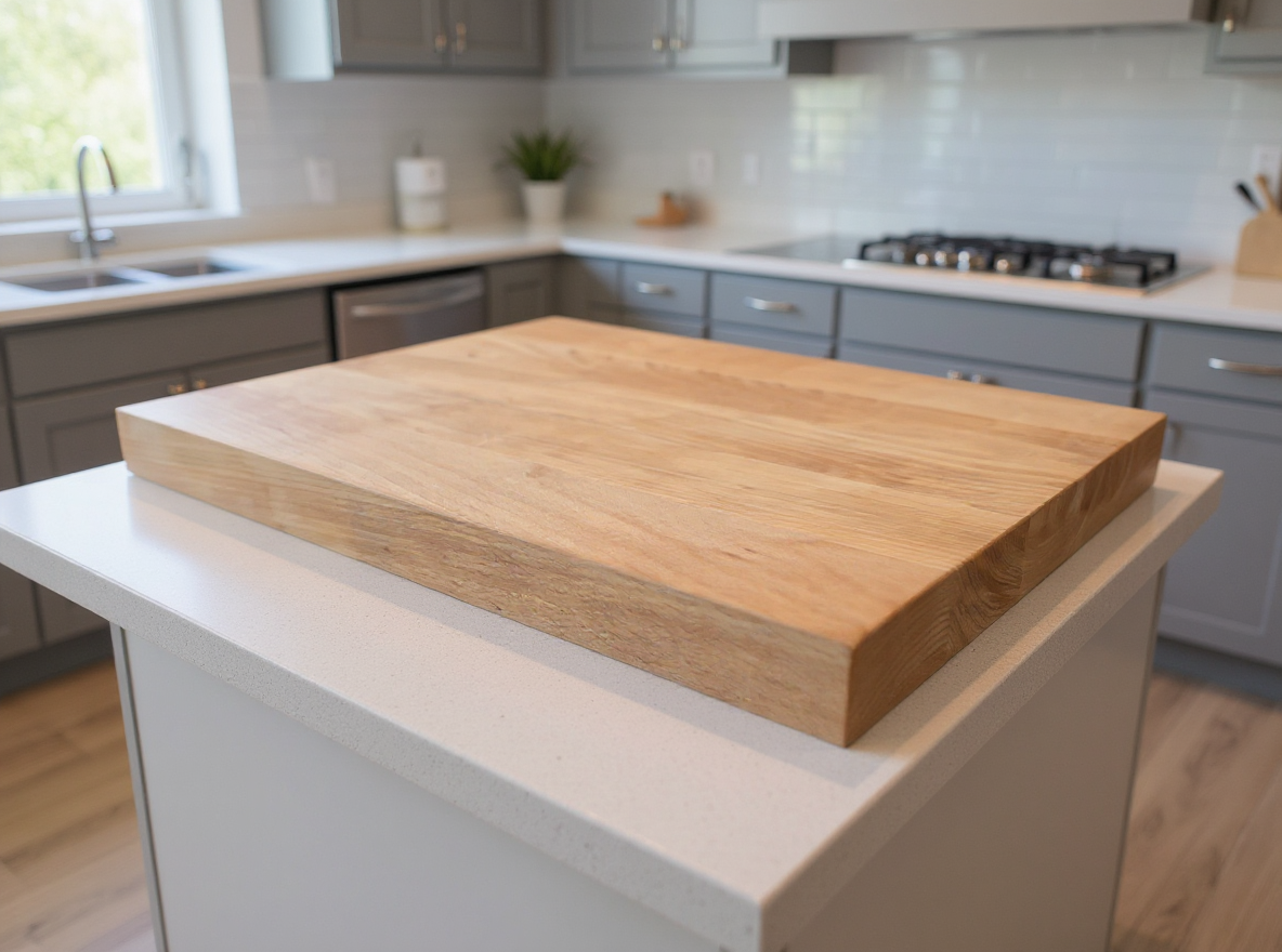 Large ash wood chopping board with light natural grain on kitchen worktop