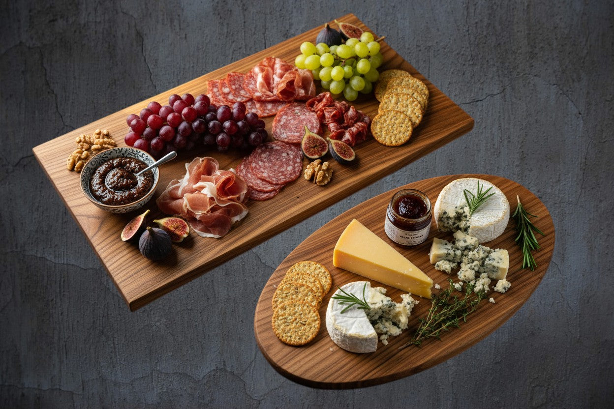 Two wooden platters with assorted meats, cheeses, fruits, and crackers on a dark surface.
